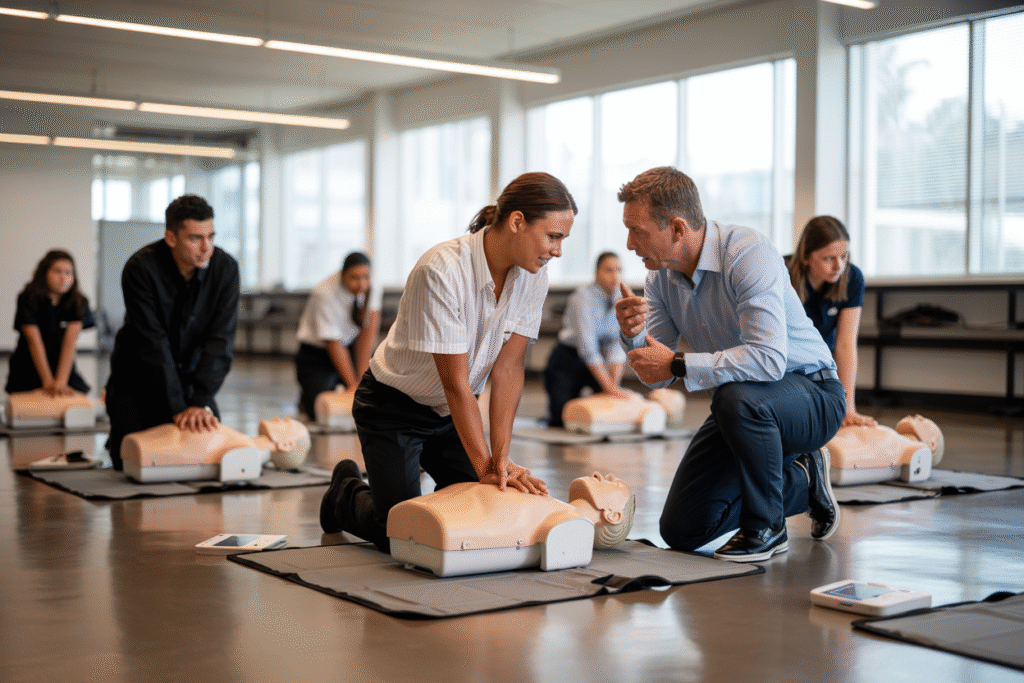 First Aid course participants learning AED defibrillator use and emergency response in Fortitude Valley Brisbane