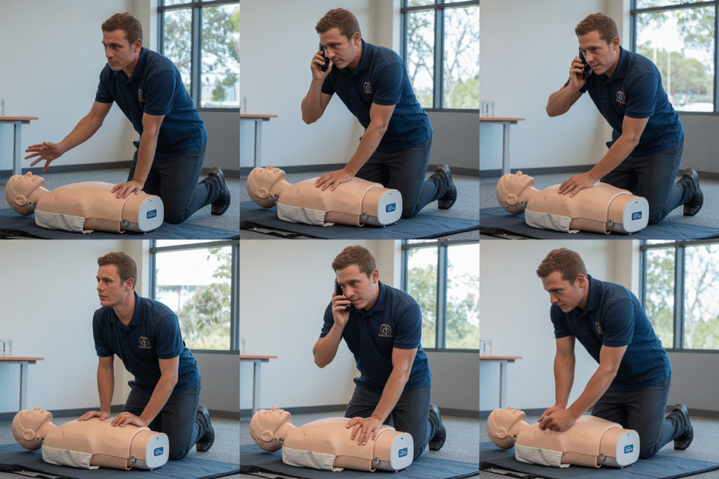 First aid training course in New Farm with students practicing CPR on manikins