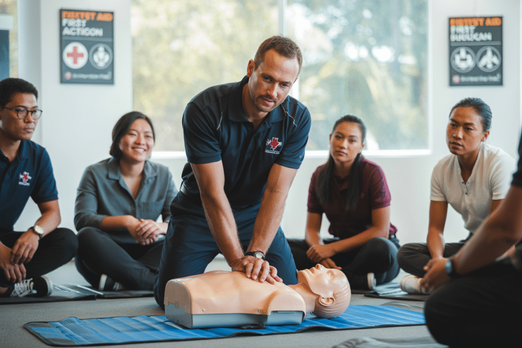 Students learning CPR and AED techniques during Basic Emergency Life Support course training session in Morningside Queensland