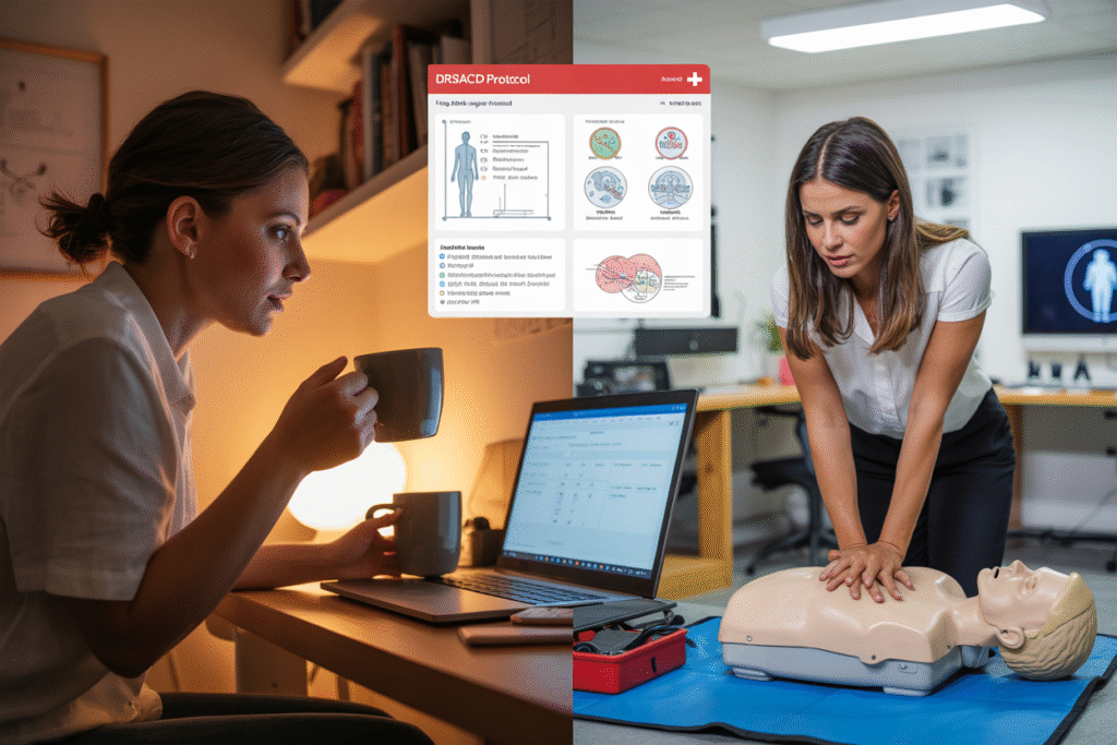 Instructor demonstrating AED defibrillator use during CPR training course