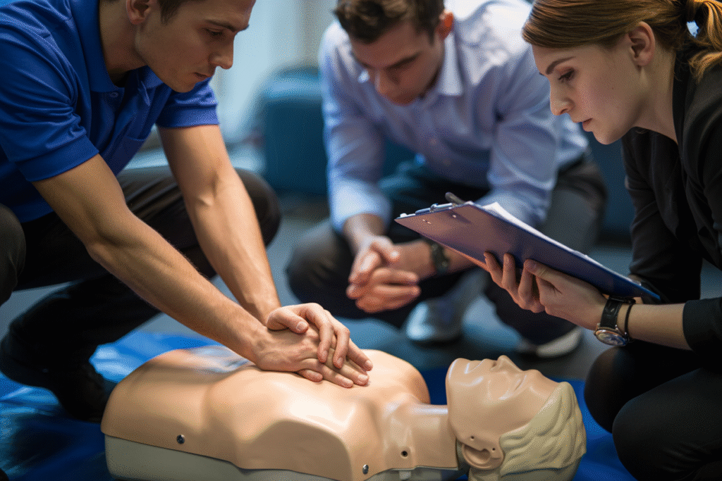 Professional Basic Emergency Life Support course training showing CPR technique and AED use for emergency scenarios