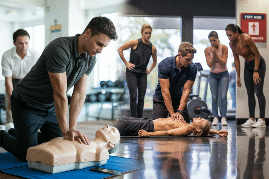 Students practicing CPR chest compressions on manikins during hands-on CPR training course in Springwood QLD