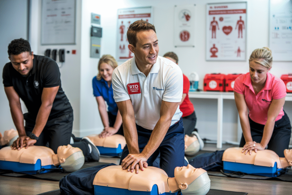 Instructor demonstrating AED defibrillator use during Basic Emergency Life Support courses Brisbane