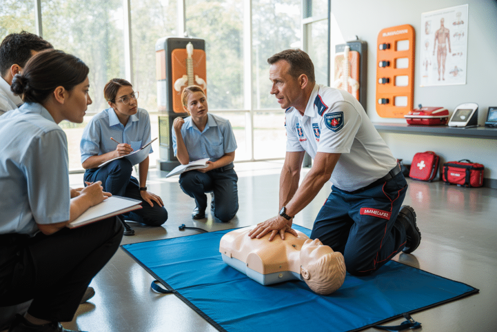 Professional Basic Emergency Life Support course training including CPR and AED practice in Brown Plains QLD