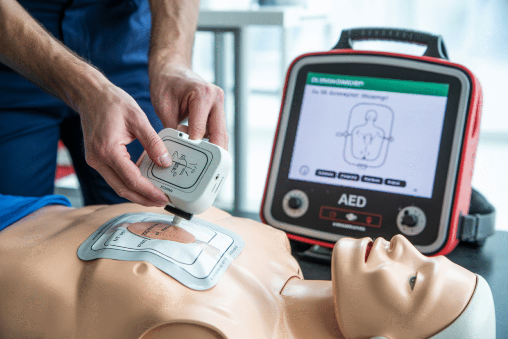 Instructor teaching how to use automated external defibrillator AED in basic CPR course