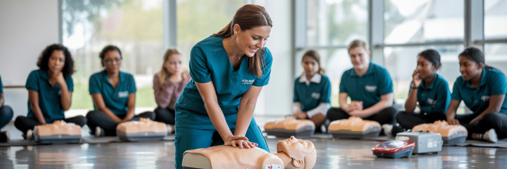 Basic CPR course instructor demonstrating chest compressions to beginner students in Brisbane training room