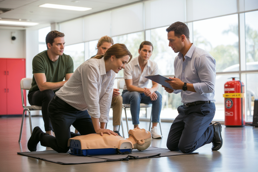 Professional First Aid course in Milton showing CPR training and defibrillator practice on manikins