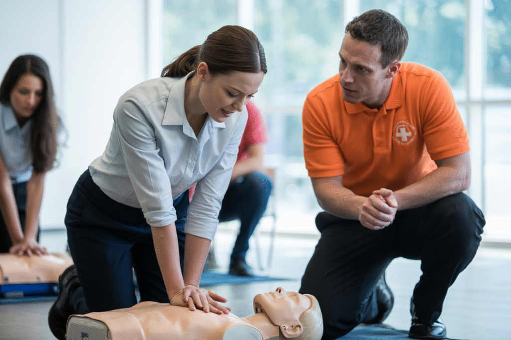 Students learning CPR and AED skills during Basic Emergency Life Support courses in Bridgeman Downs QLD