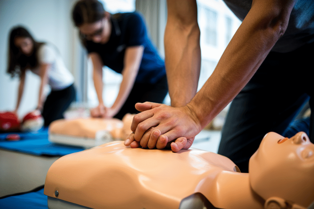 First aid instructor demonstrating proper CPR technique on training mannequin during Basic Emergency Life Support course