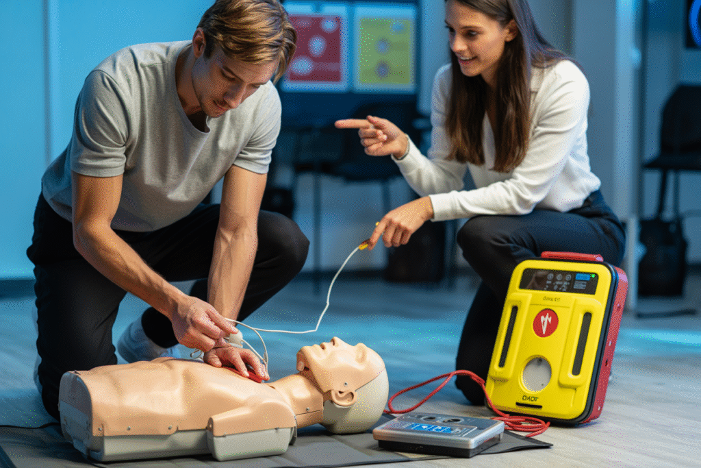 Instructor demonstrating CPR technique on mannequin during Basic Emergency Life Support course in Spring Hill QLD