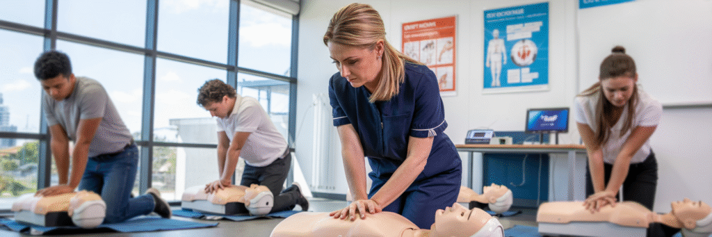 CPR training instructor demonstrating proper chest compression technique on practice manikin in Brisbane classroom