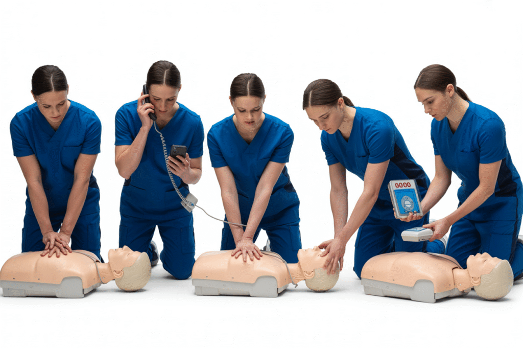 Students practicing CPR and AED use during Basic Emergency Life Support course training session in South Bank QLD
