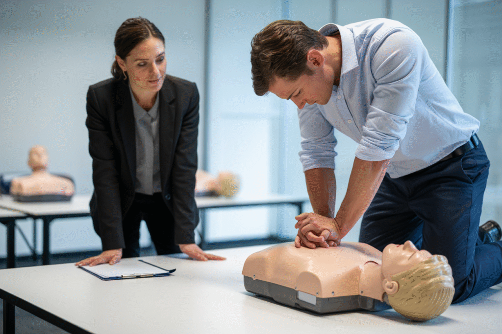 Students practicing CPR and AED techniques during Basic Emergency Life Support course in Camp Hill QLD