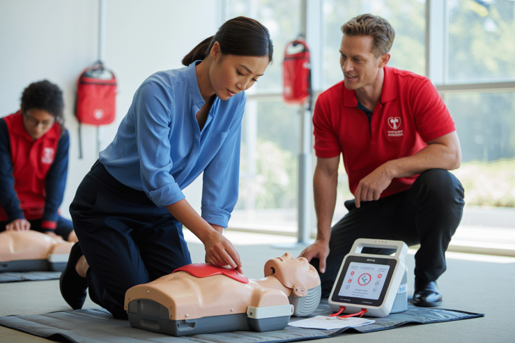 Students practicing CPR and AED use during Basic Emergency Life Support course in Annerley QLD