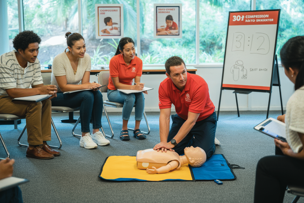 Side-by-side comparison of infant CPR and child CPR compression techniques for parents