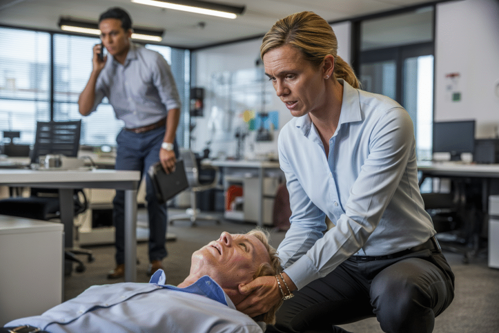 Professional instructor demonstrating wound management and first aid techniques in Basic Emergency Life Support course