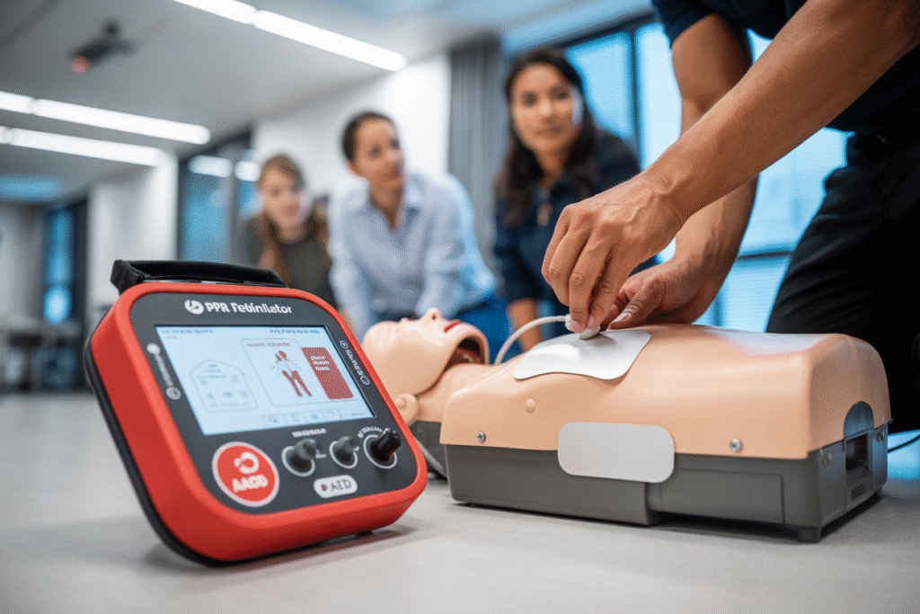 Professional Basic Emergency Life Support course training with CPR and AED practice in Teneriffe QLD