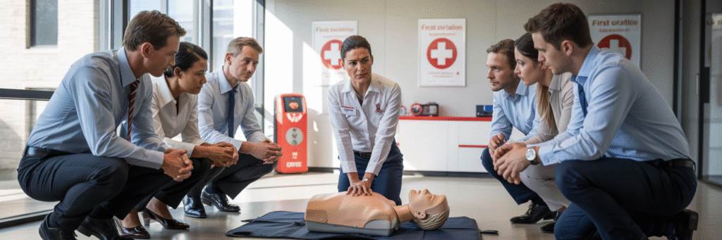 Brisbane office employees practicing CPR techniques during workplace training session with qualified instructor