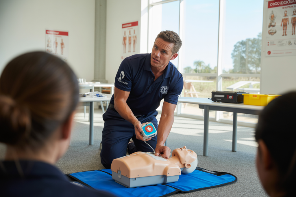 Instructor demonstrating proper use of an AED defibrillator during professional First Aid courses in Caloundra Queensland