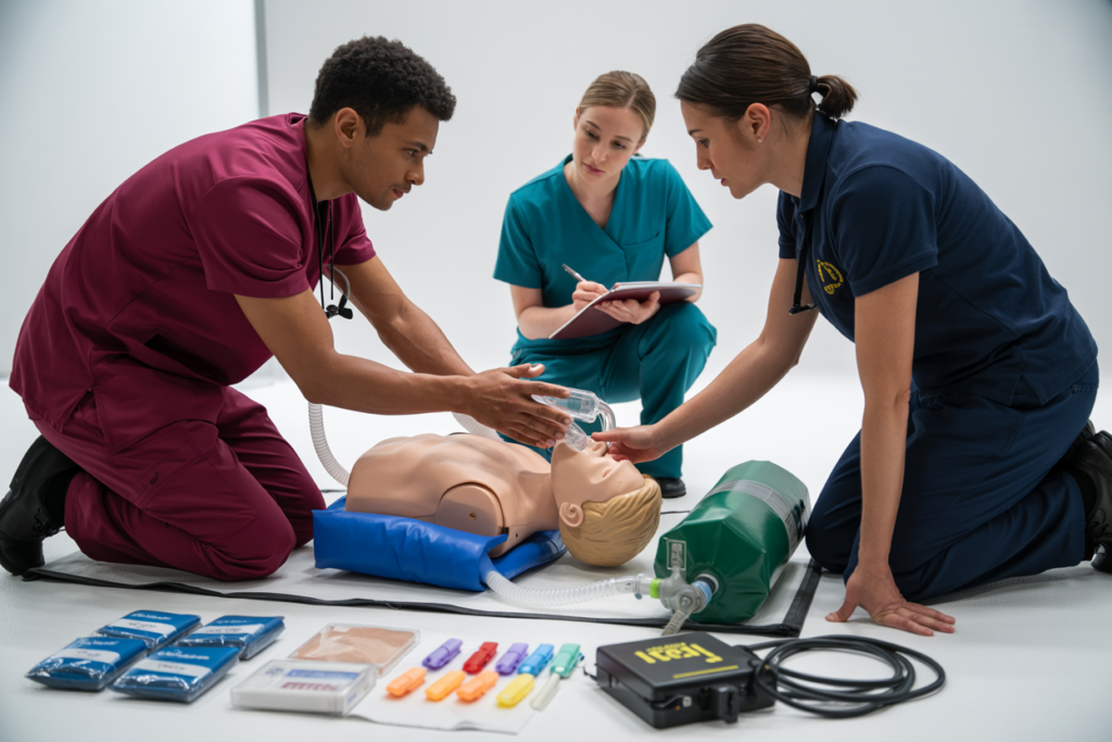 Student practising oxygen administration and airway management during an Advanced Resuscitation Techniques course in Carseldine QLD
