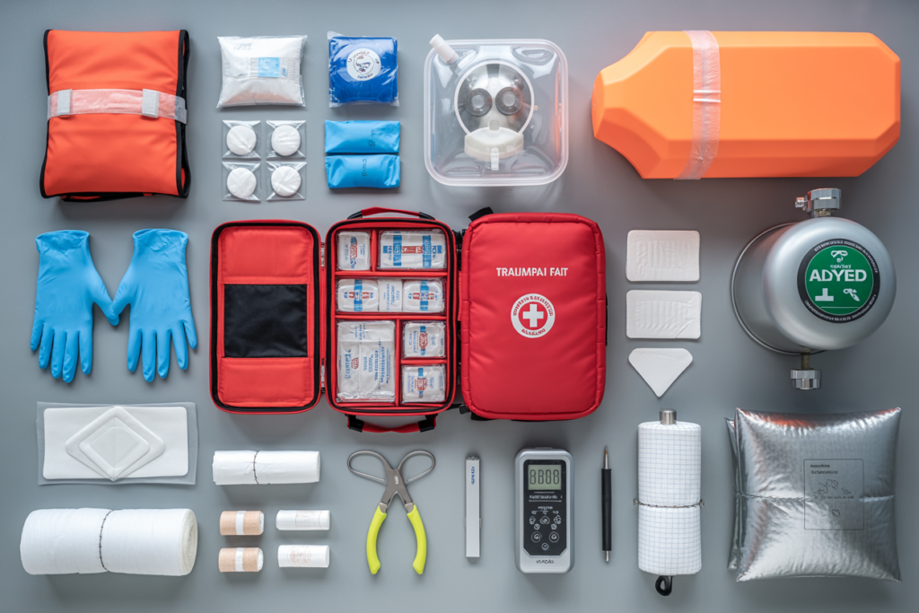 Comprehensive advanced first aid kit with AED defibrillator and emergency medical supplies for training