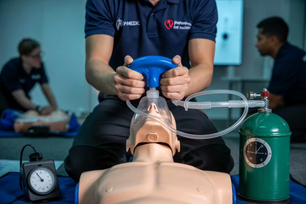 Students practicing first aid wound management and bleeding control in Basic Emergency Life Support course Maroochydore