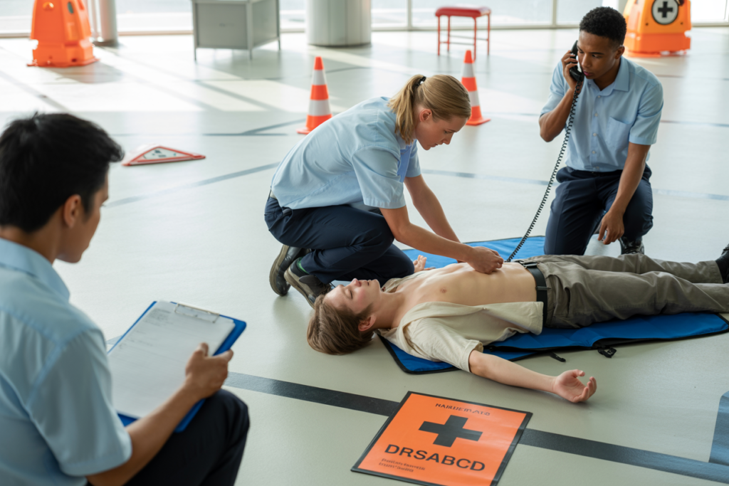 Instructor demonstrating how to manage wounds and bleeding in Basic Emergency Life Support course Upper Mount Gravatt