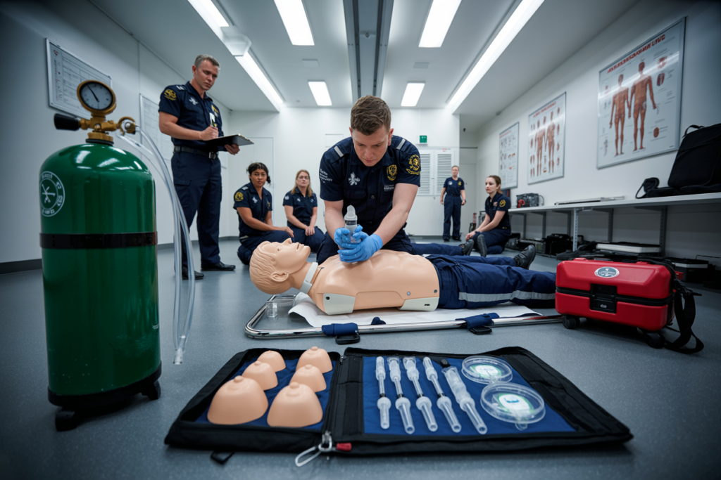 Students practicing CPR techniques on training manikins during Basic Emergency Life Support course in Stones Corner