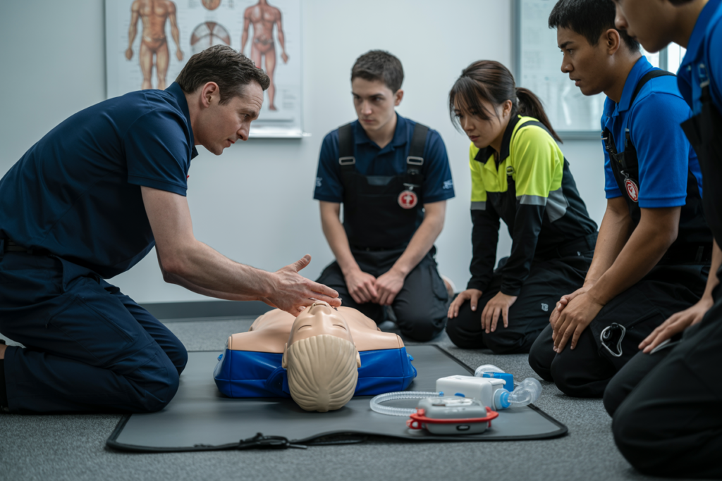Students practicing CPR and DRSABCD resuscitation on training manikins during Advanced First Aid course in Wooloowin