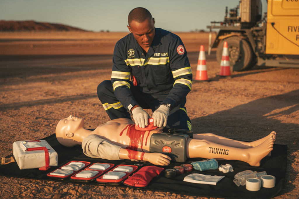 Students learning DRSABCD resuscitation techniques during our Advanced First Aid courses in Annerley QLD, with expert instructors providing demonstrations and practice on manikins.