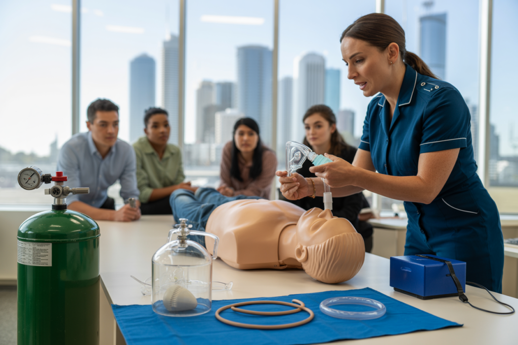 Instructor teaching CPR and AED techniques during Basic Emergency Life Support course in Greenslopes
