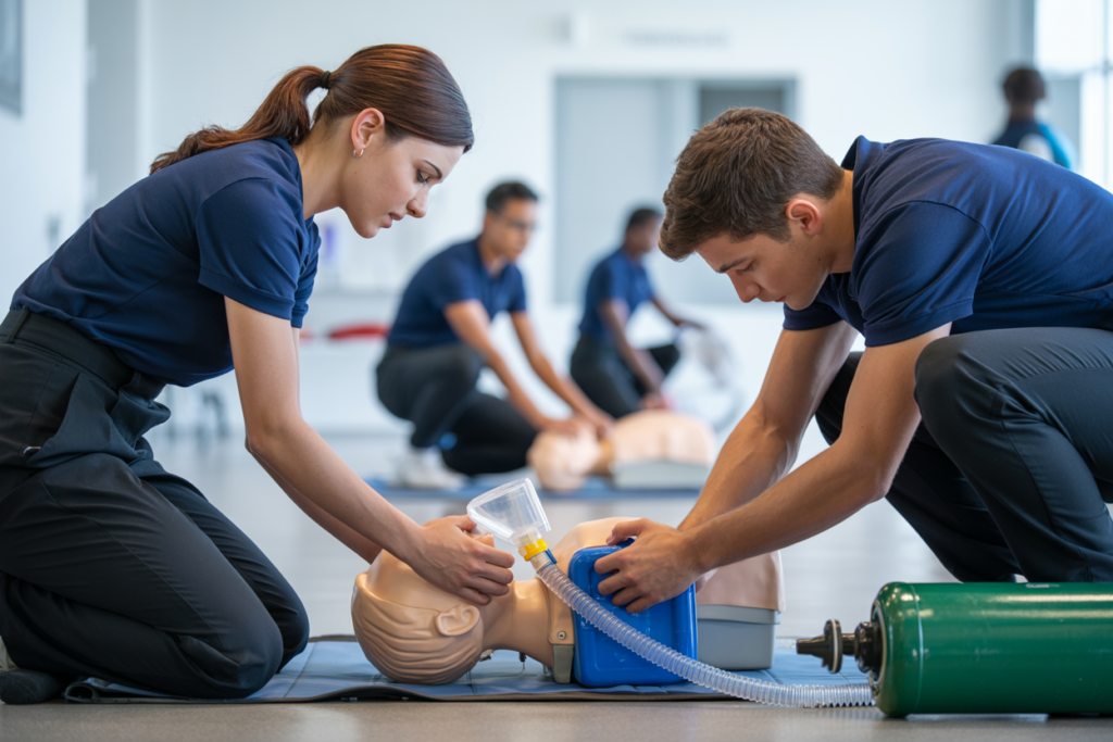 First Aid course participants practicing CPR and DRSABCD resuscitation techniques on training manikins during professional certification class