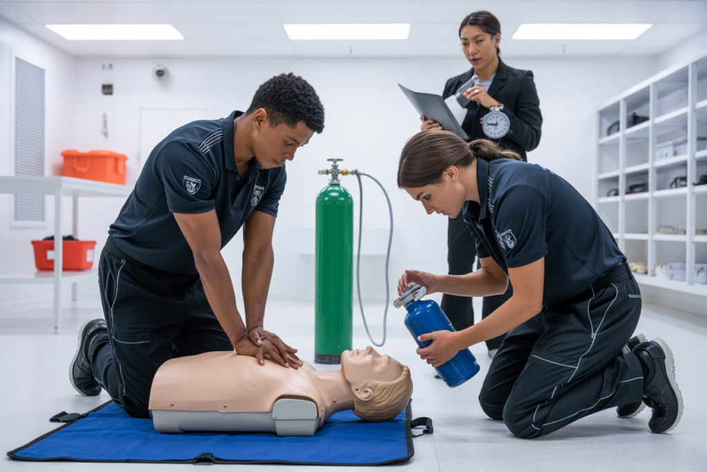 First aid instructor teaching students how to manage wounds and bleeding during Basic Emergency Life Support training session