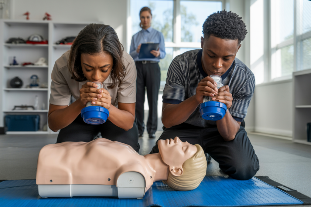 Basic Emergency Life Support course certificate and first aid equipment including AED device and training materials