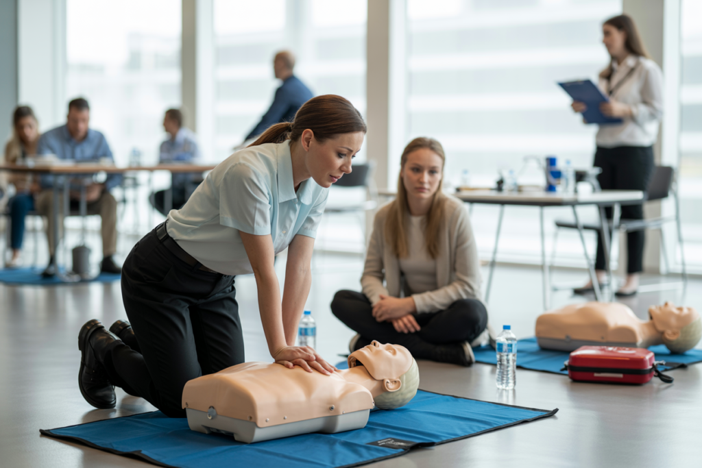 Instructor demonstrating first aid in an education and care setting on a manikin in Fortitude Valley QLD