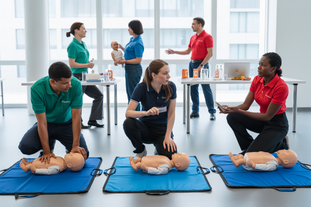 First aid trainer demonstrating asthma and anaphylaxis response to childcare workers during an Education and Care Setting course in South Brisbane QLD