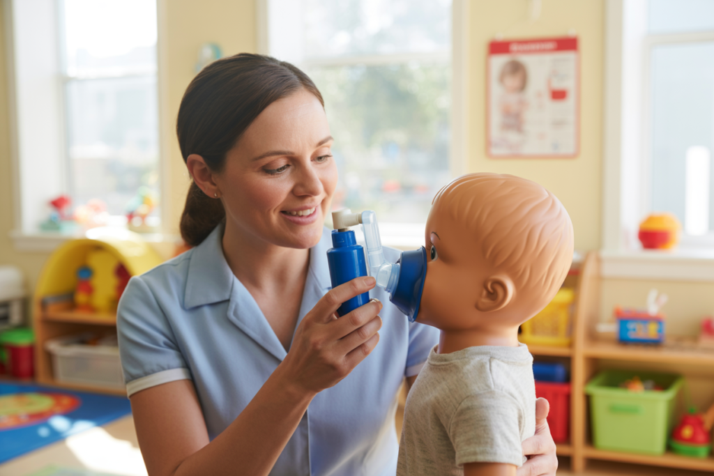 Participants learning Asthma and Anaphylaxis management during a First Aid in an Education and Care Setting course in Brisbane City QLD