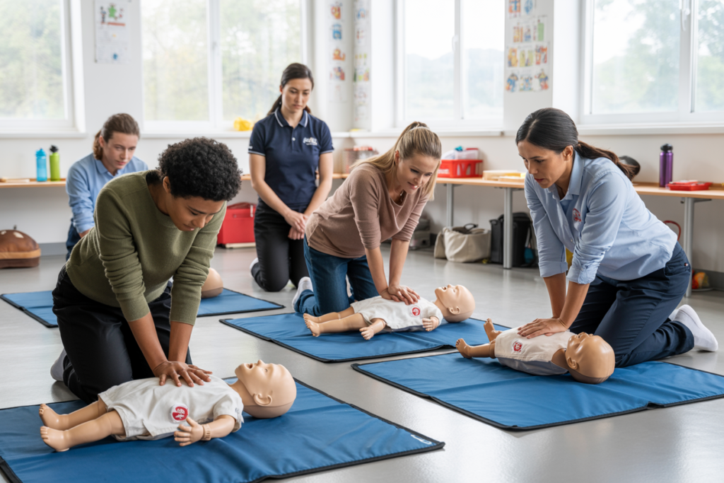Educator practising CPR on a manikin during a First Aid in an Education and Care Setting course