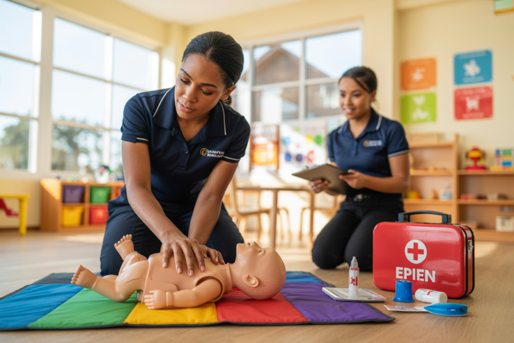 Educator practising CPR on infant manikin during First Aid in an Education and Care Setting course in Chermside QLD