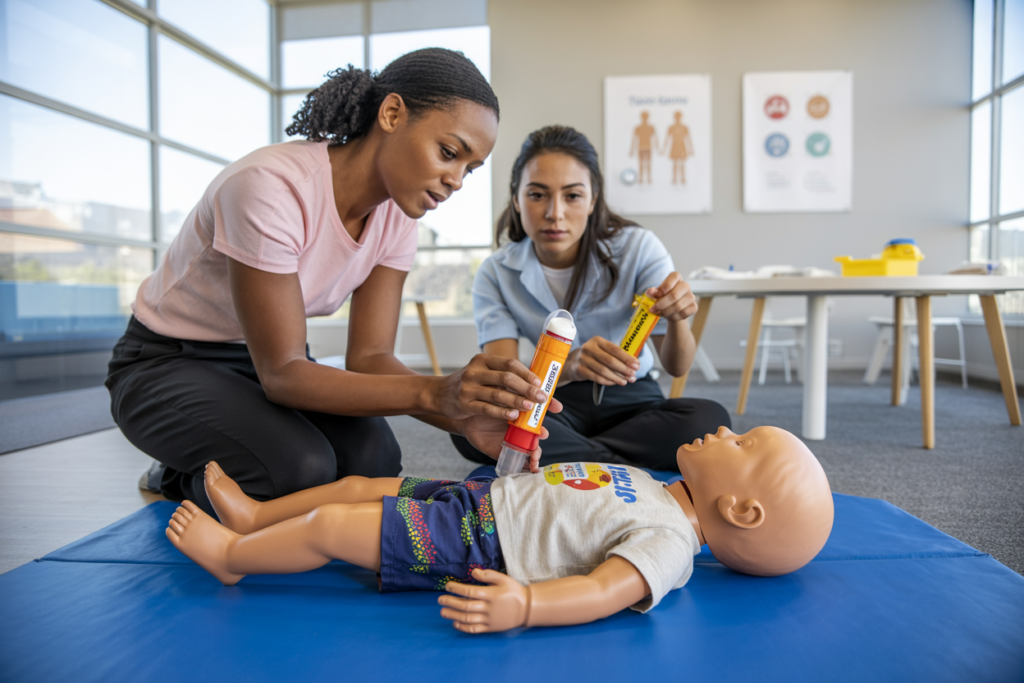Trainer demonstrating First Aid in an Education and Care Setting including DRSABCD resuscitation and manikin practice in Upper Mount Gravatt QLD