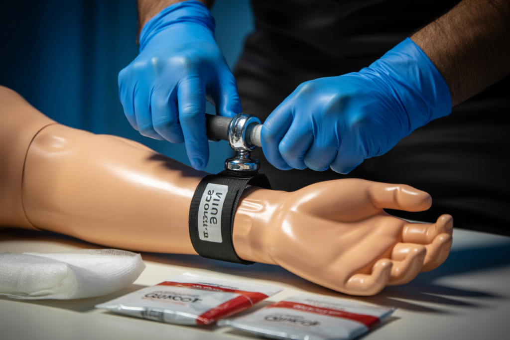 Students practicing CPR and AED defibrillator use on manikins during Advanced First Aid course in Springwood QLD