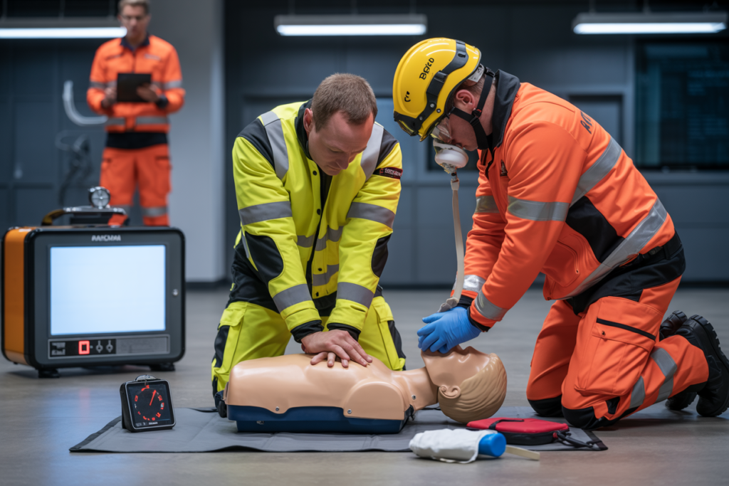 Students practicing CPR and DRSABCD resuscitation techniques on training manikins during Advanced First Aid course