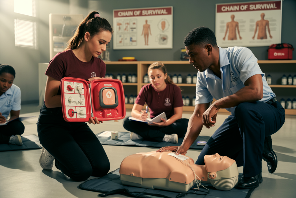 First aid student practicing wound care and bleeding control techniques during Basic Emergency Life Support training session