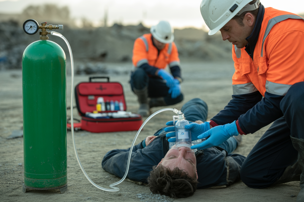 Instructor demonstrating CPR technique and DRSABCD resuscitation on training manikin during Advanced First Aid course in Morningside