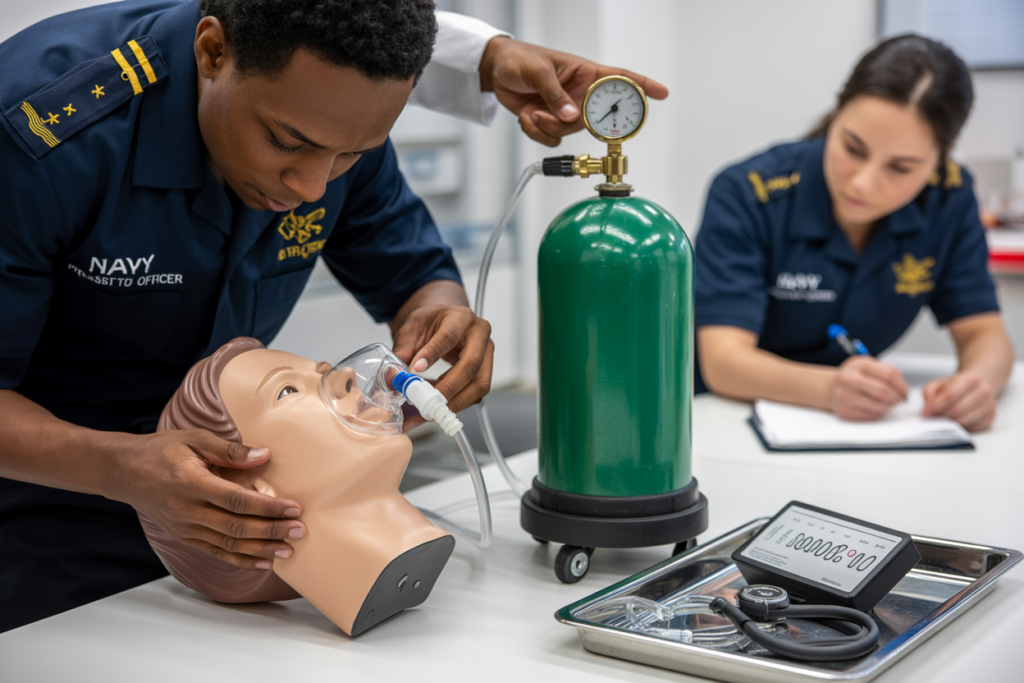 First aid instructor demonstrating trauma management and medical emergency procedures during Advanced First Aid certification course