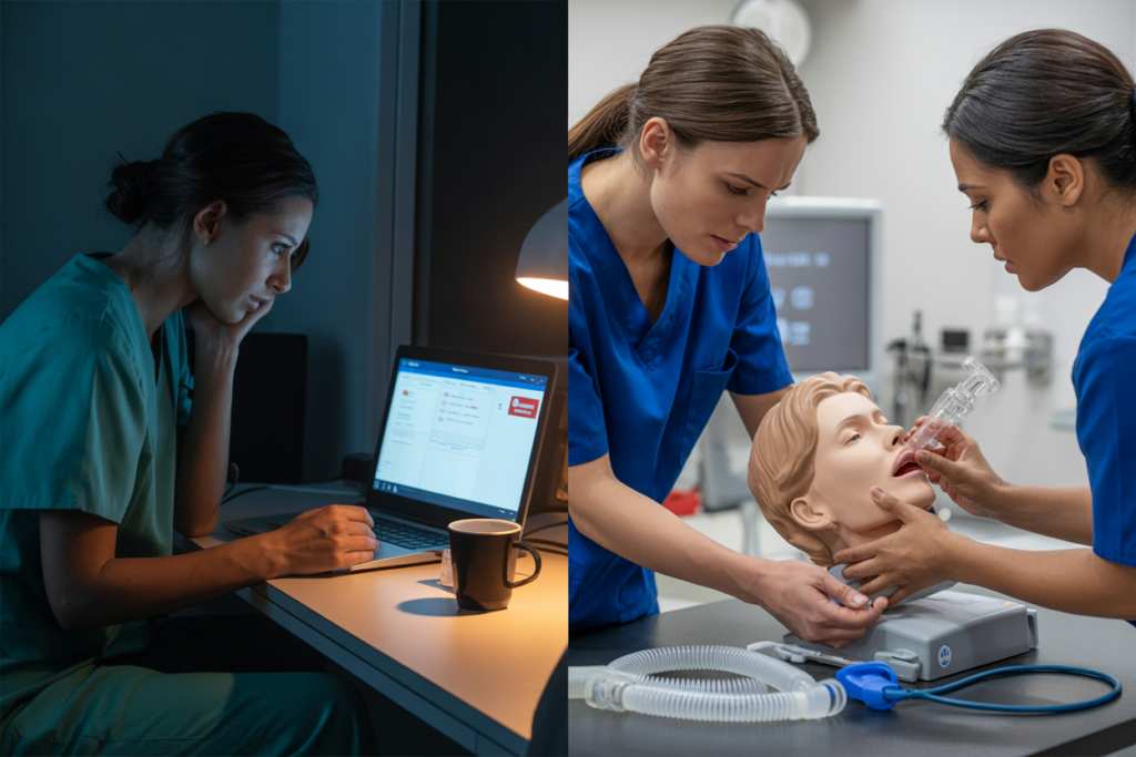 Medical instructor demonstrating correct oxygen administration and airway management techniques in Advanced Resuscitation Techniques course