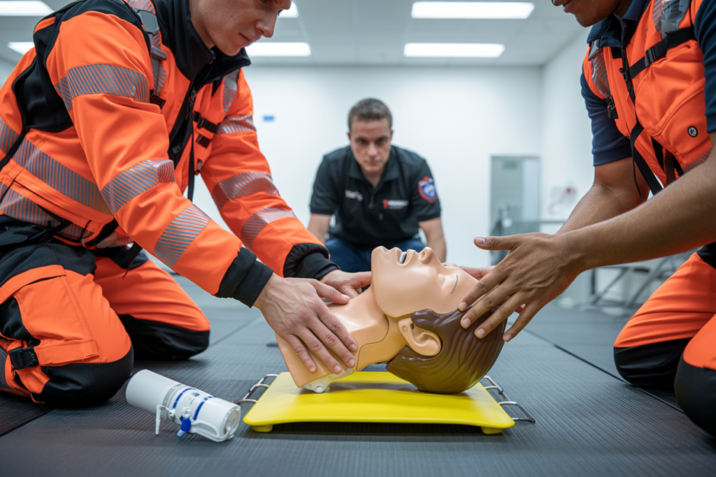 Students practicing CPR and DRSABCD resuscitation techniques on training manikins during Advanced First Aid course in Caloundra QLD
