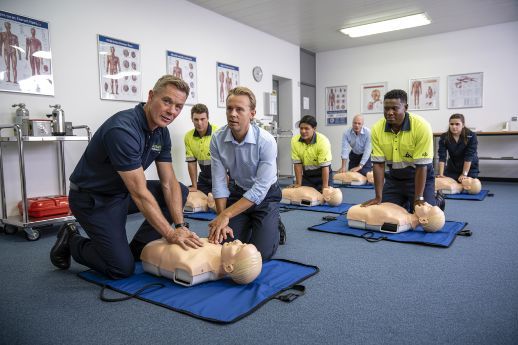 Instructor demonstrating proper use of AED defibrillator during Advanced First Aid course training in Caloundra Queensland