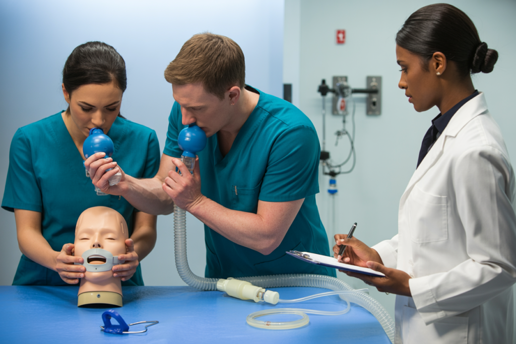 Healthcare professional practicing CPR and cardiopulmonary resuscitation techniques during Advanced Resuscitation Techniques course in Carindale