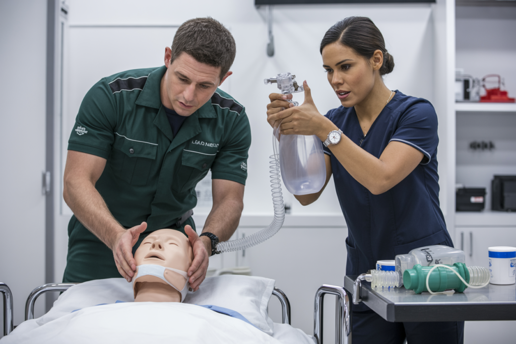 Trainer demonstrating Advanced Resuscitation Techniques including CPR and AED use during a course in Stafford QLD